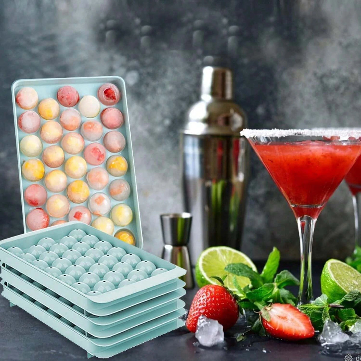 Round Ice Cube Tray Set with Storage Bin and Scoop for Whiskey Cocktail