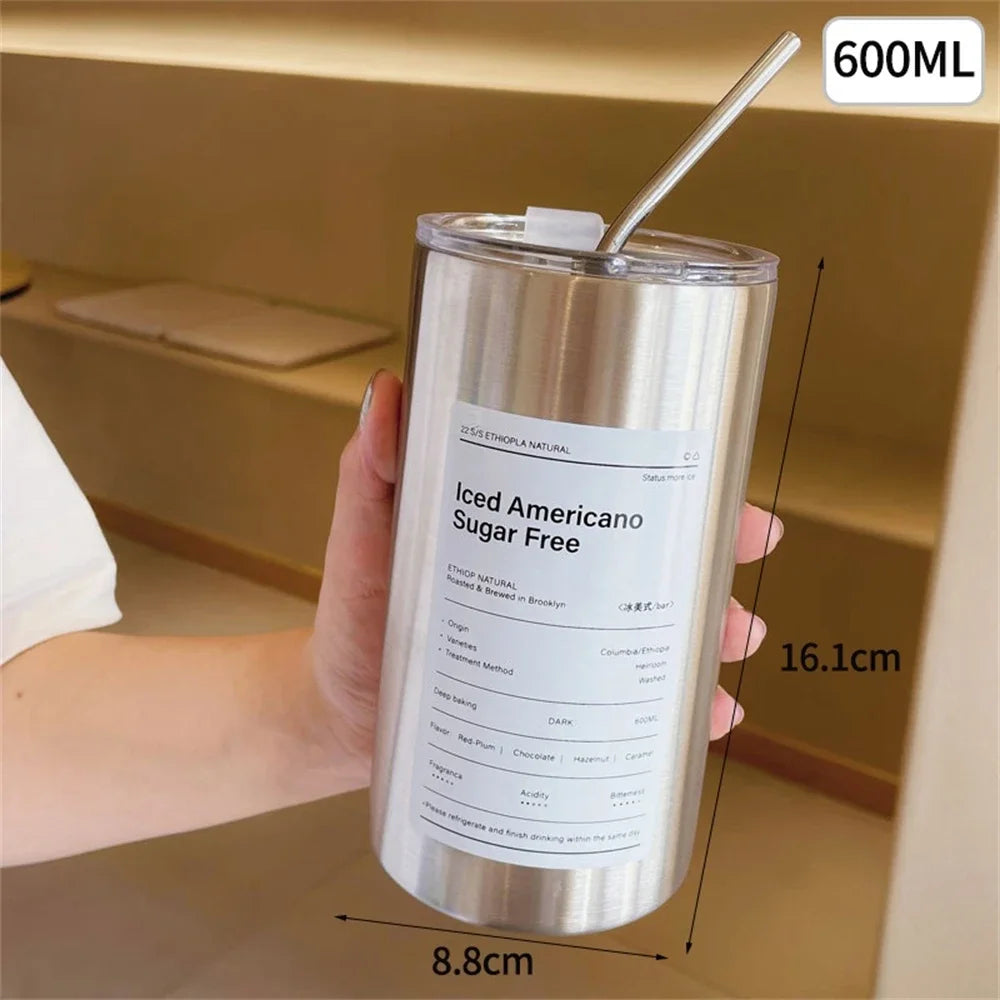 600ml Stainless Steel Coffee Mug Insulated Travel Tumbler with Straw