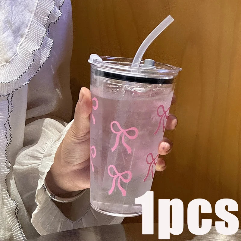 Pink Bow Plastic Tumbler with Straw and Lid Transparent Drink Mug