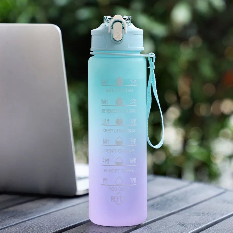 Motivational Sports Water Bottle with Time Marker and Leak Proof Straw
