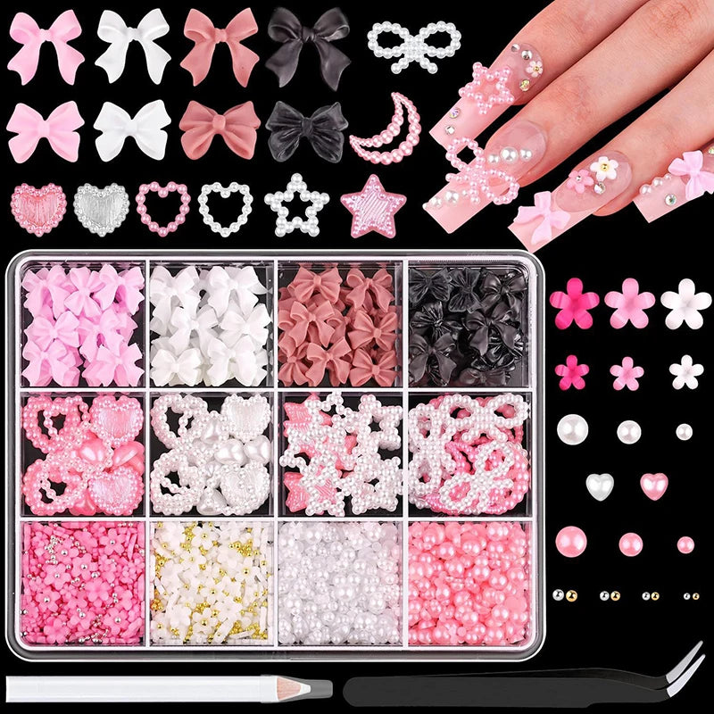 3D Acrylic Nail Art Bowknot Flower Resin Charms Rhinestones Pearl