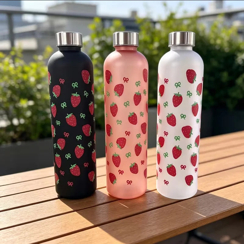 Cute Strawberry Water Bottle 1000ml Matte Frosted Leak Proof Sport Flask