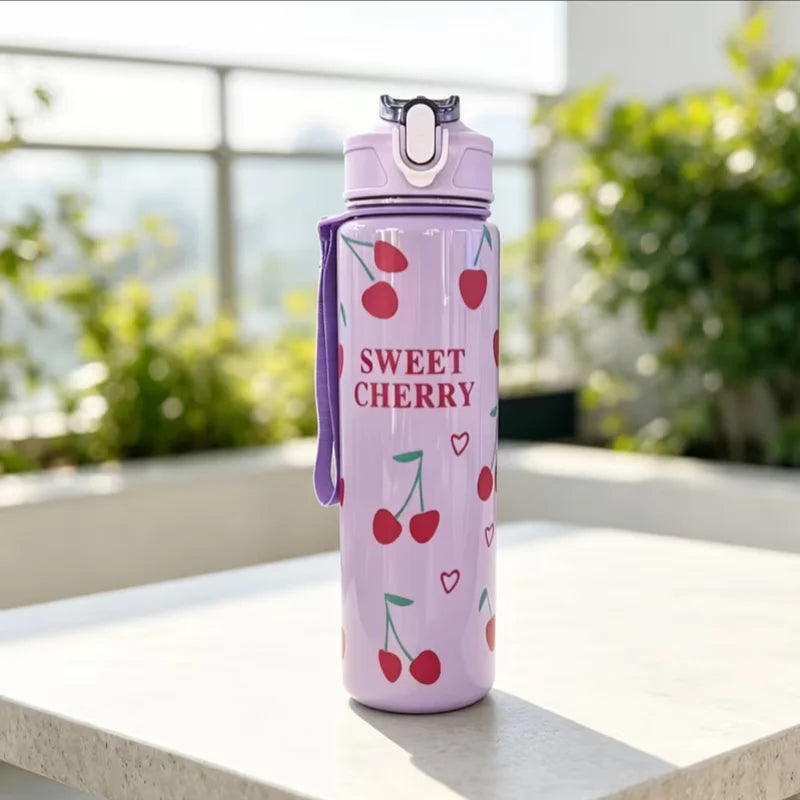 750ml Cherry Print Sports Water Bottle with Straw and Carrying Strap