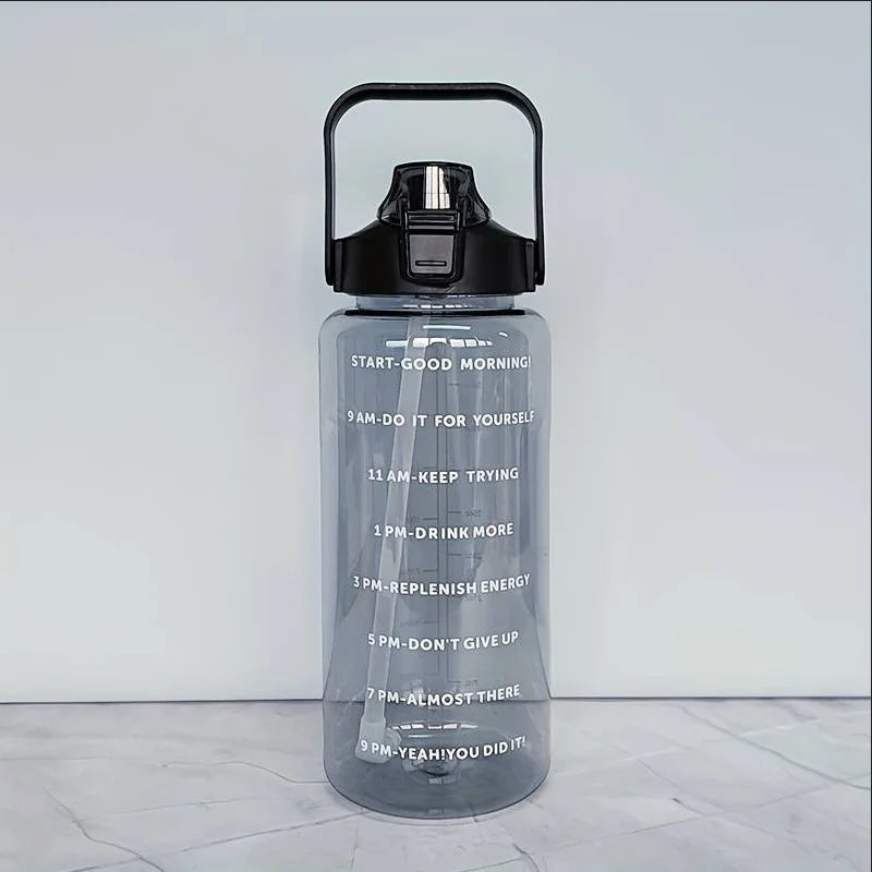 2L Large Motivational Water Bottle with Time Marker and Straw