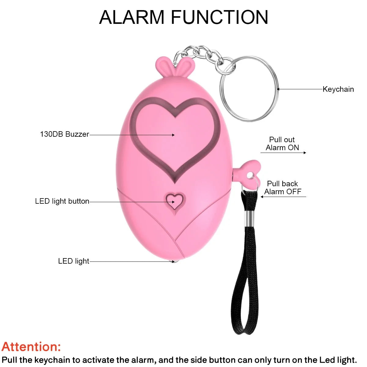 Heart Shaped Personal Alarm 130dB Safety Siren Keychain Emergency Tool - 4
