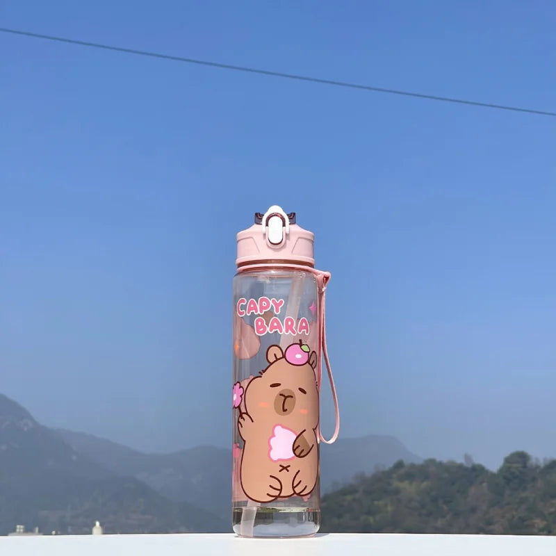 Cute Capybara Water Bottle Large Capacity Sports Cup with Straw and Strap - 9