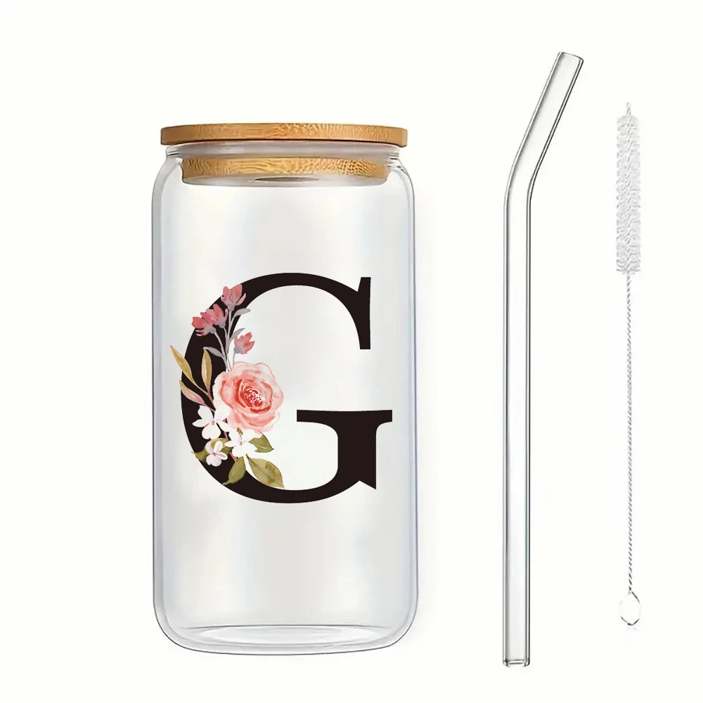 500ml Floral Alphabet Glass Cup with Bamboo Lid and Straw Coffee Mug - 51