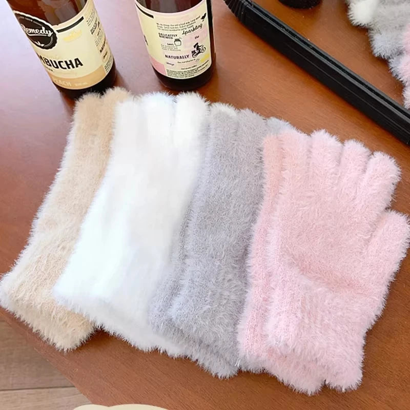 Women Winter Plush Warm Gloves Soft Five Finger Cold Proof Mittens - 8