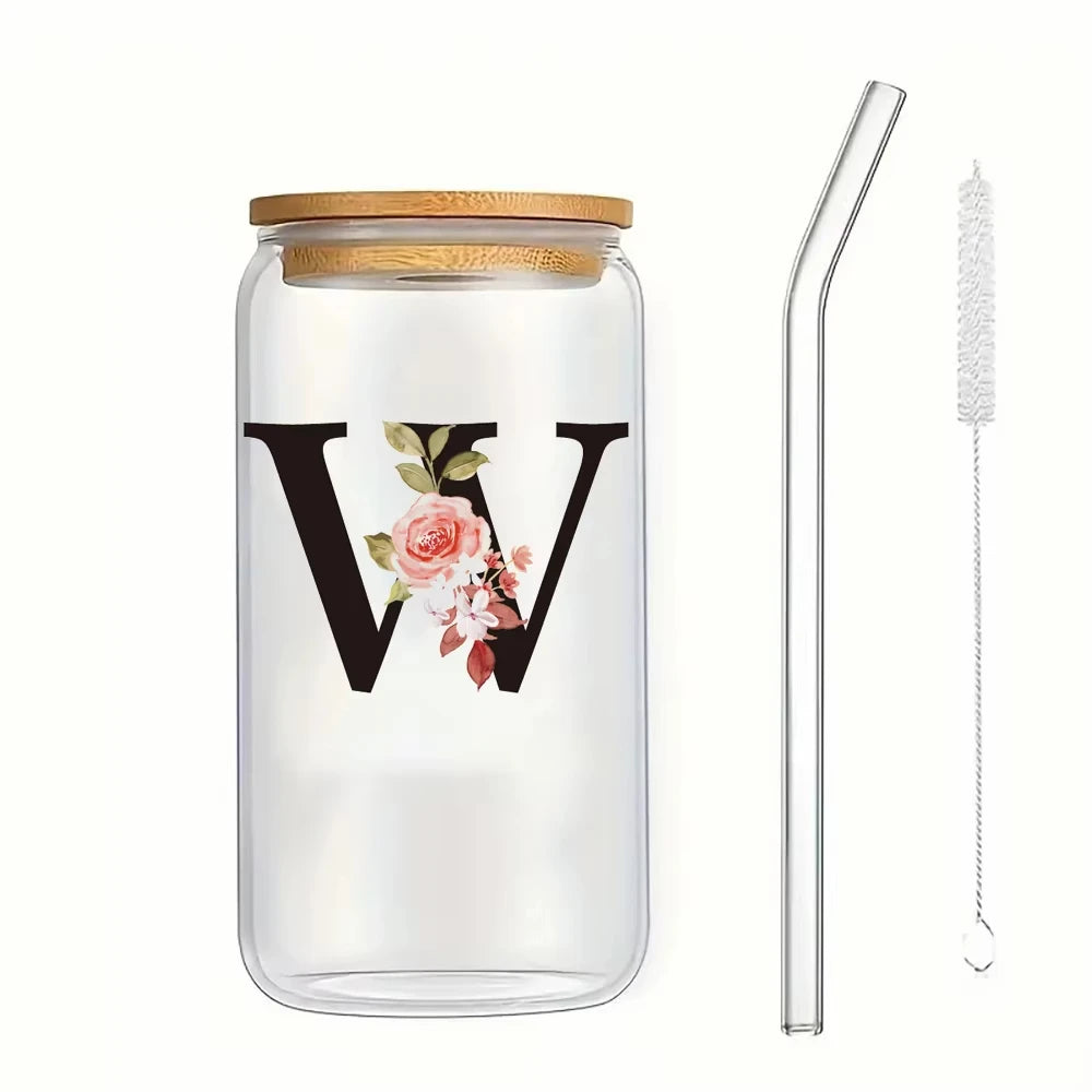 500ml Floral Alphabet Glass Cup with Bamboo Lid and Straw Coffee Mug