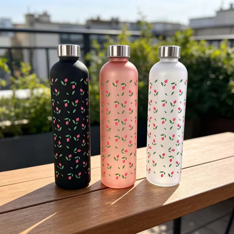 Floral Frosted Water Bottle 1000ml Leak Proof Sports Fitness Flask - 5