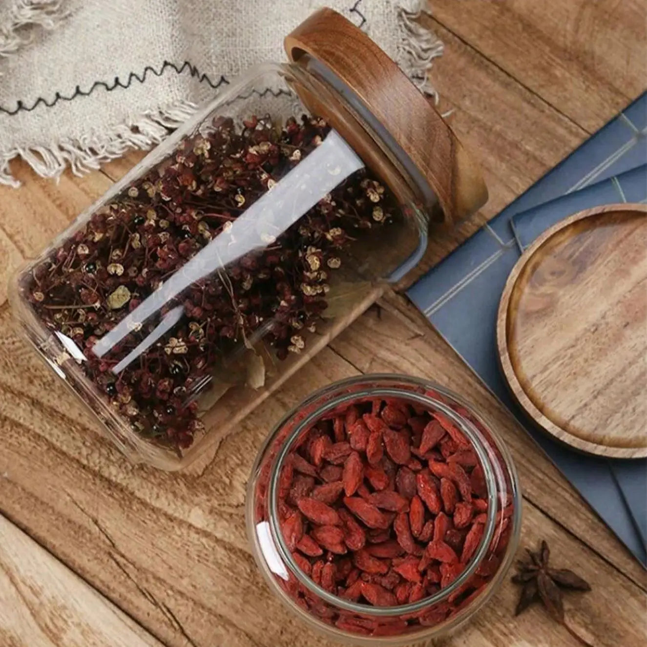 Airtight Glass Storage Jar with Wood Lid Kitchen Food Canister - 4