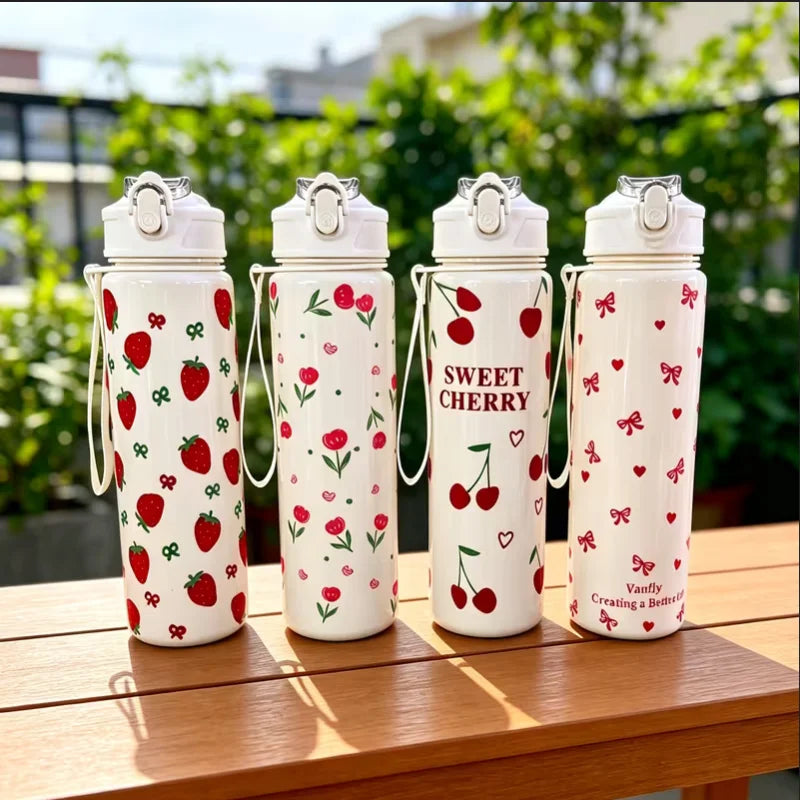 750ml Floral Strawberry Cherry Water Bottle Sports Tumbler with Straw - 7