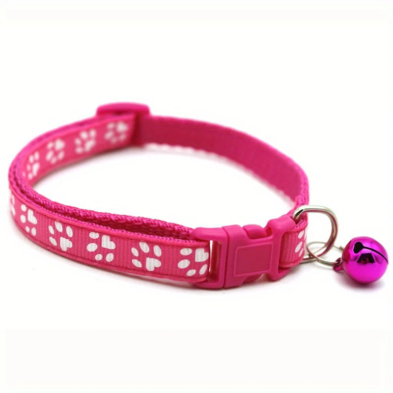 Adjustable Dog Cat Collar with Paw Print Pattern and Safety Bell