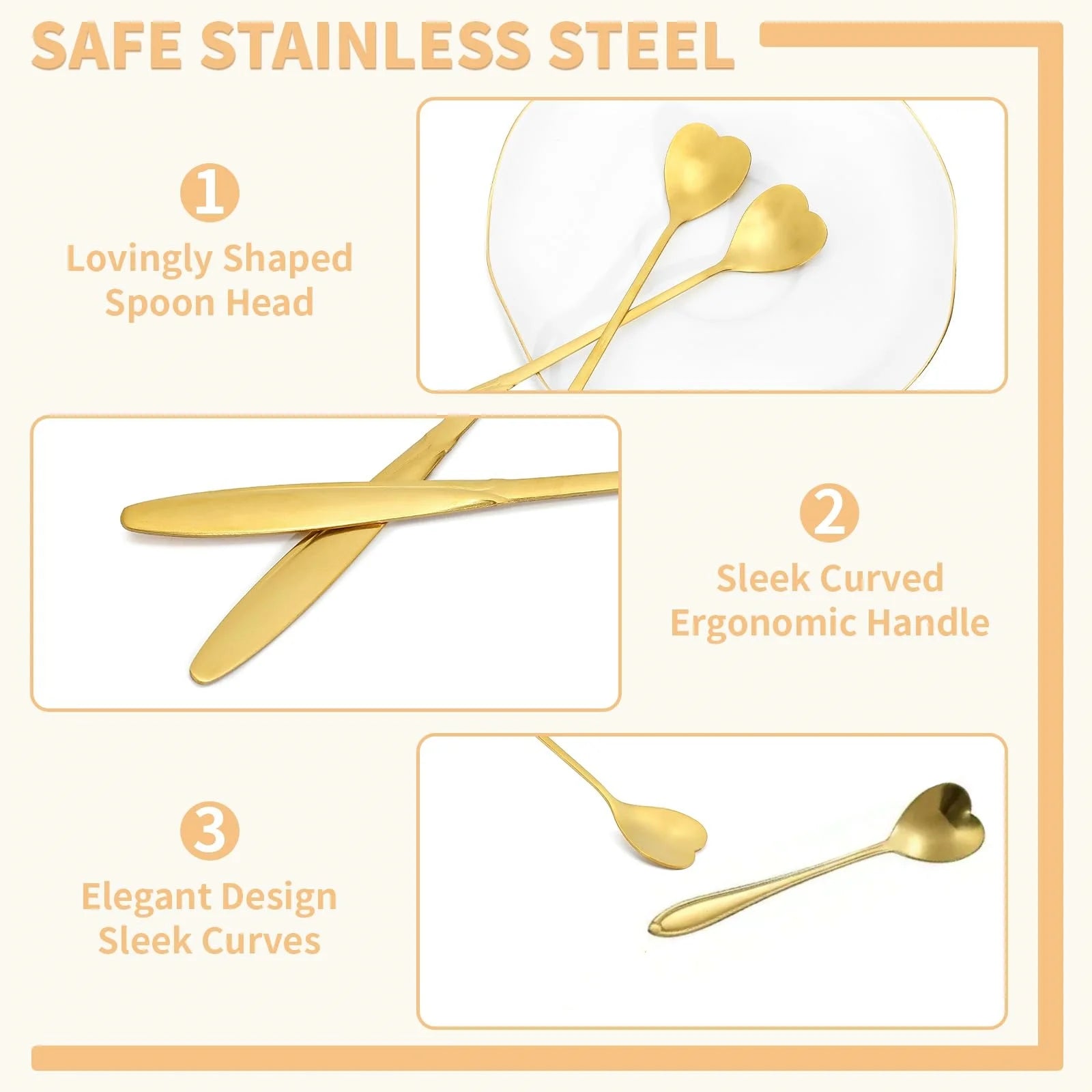 Heart Shape Coffee Spoons Set Stainless Steel Dessert Tea Scoop Gold