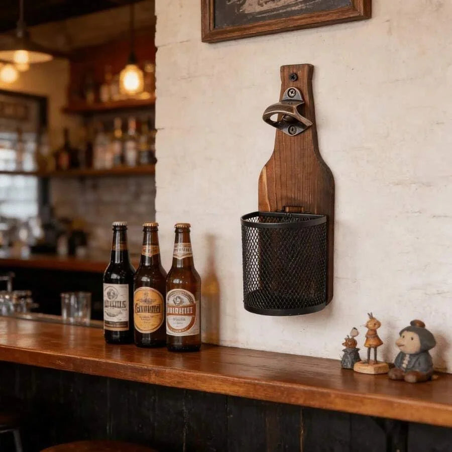 Wall Mounted Wooden Beer Bottle Opener with Magnetic Cap Catcher - 2