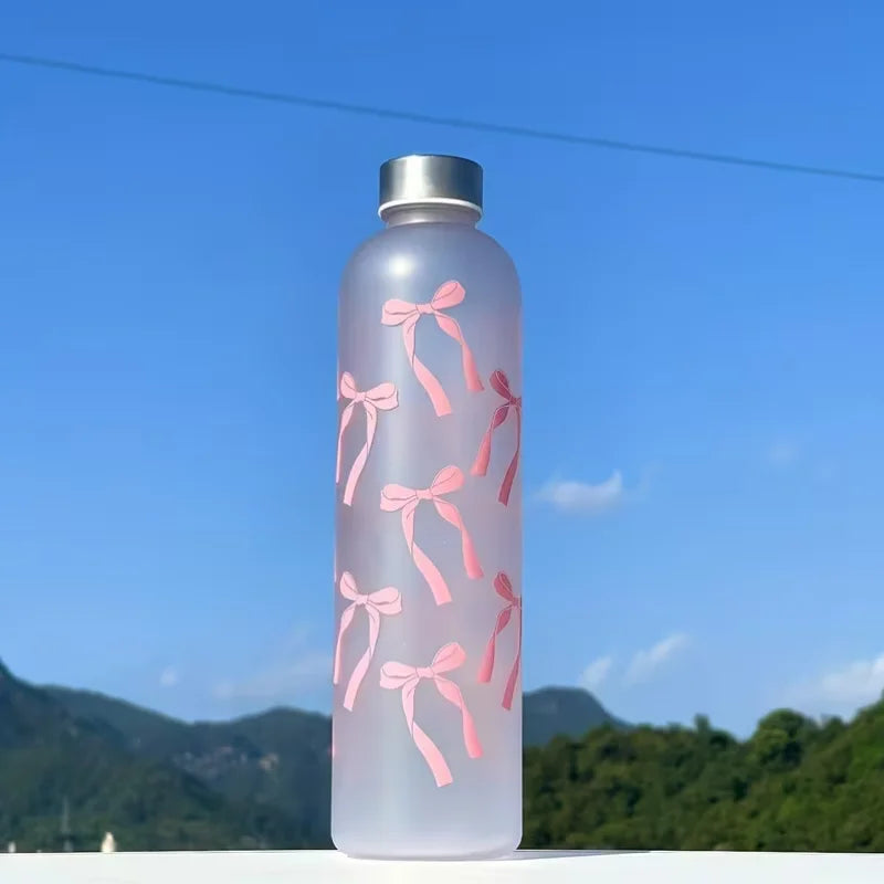 1000ml Frosted Sports Water Bottle Floral Bow Print Reusable Bottle