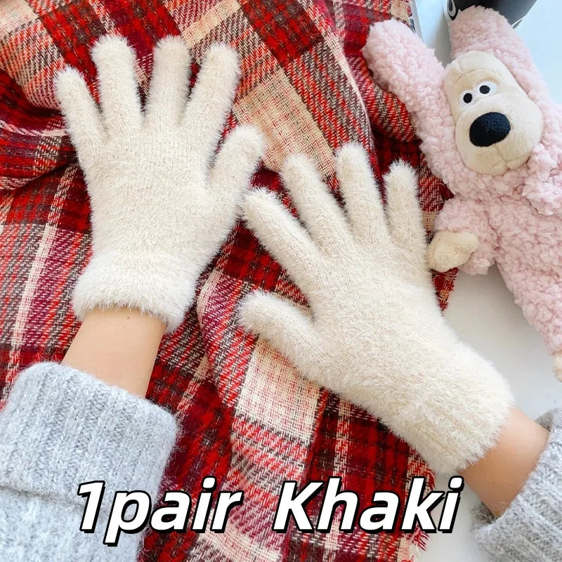 Women Winter Plush Warm Gloves Soft Five Finger Cold Proof Mittens