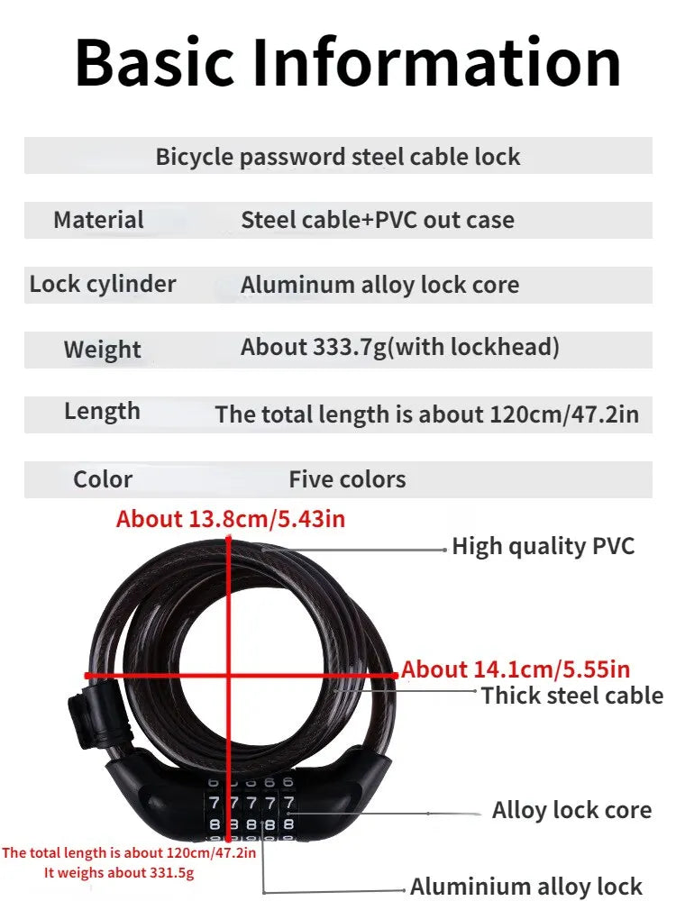 5 Digit Bicycle Cable Lock Anti Theft Bike Security Password Coil Cable