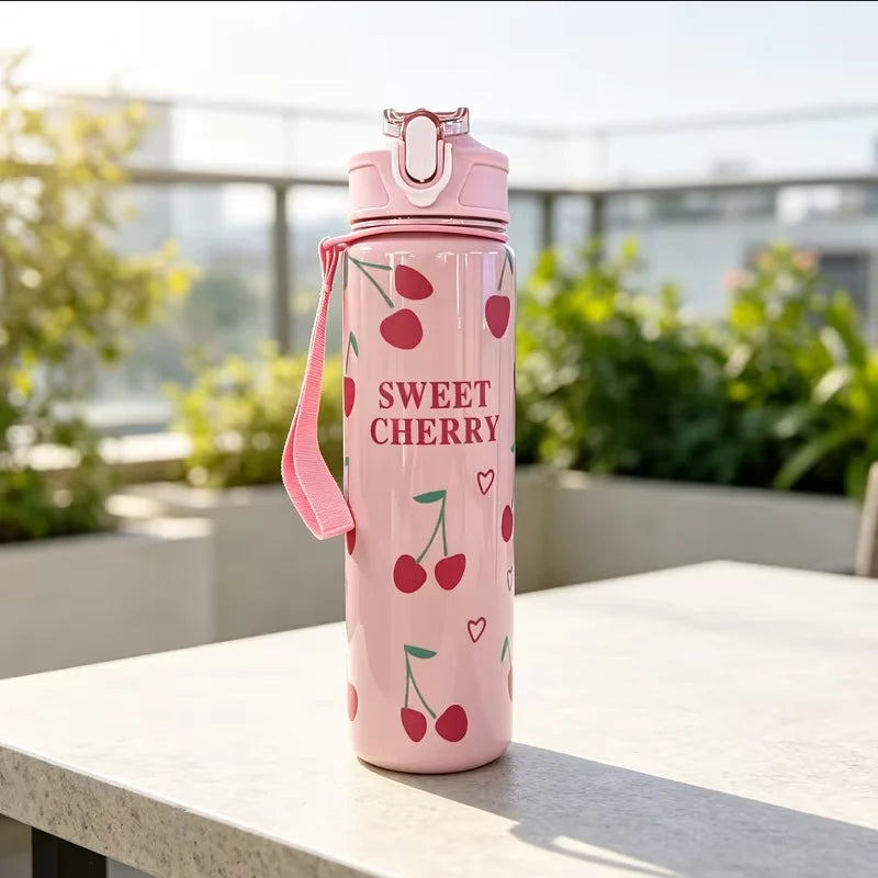 750ml Cherry Print Sports Water Bottle with Straw and Carrying Strap