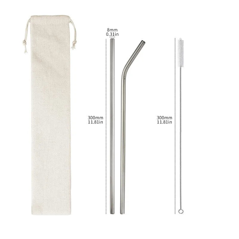 Reusable Stainless Steel Straw Set with Cleaning Brush and Storage Bag - 16