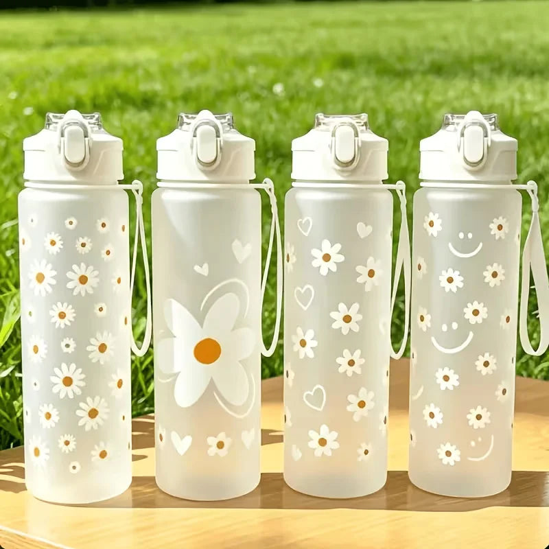 Daisy Floral Straw Water Bottle Portable Leak-Proof Plastic Sport Cup
