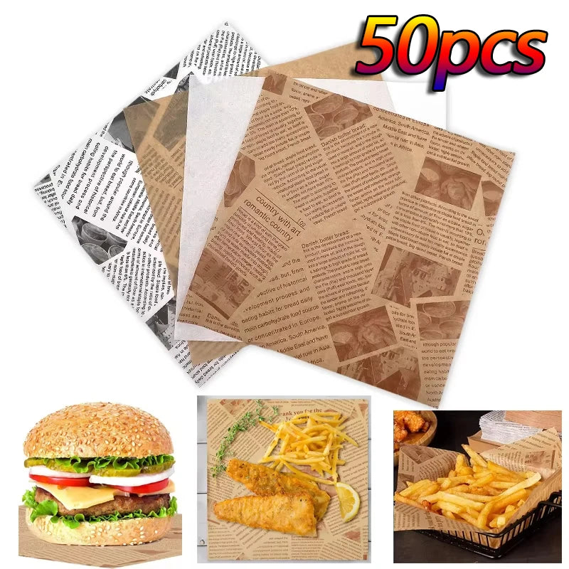 50pcs Greaseproof Food Wrapping Paper for Burgers Sandwiches and Fries - 1