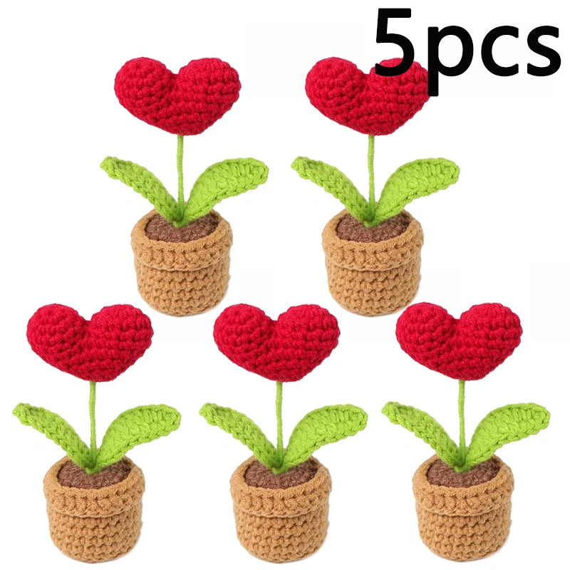 Handmade Knitted Heart Flower Pot Artificial Bonsai Desk Decoration Gift - 17