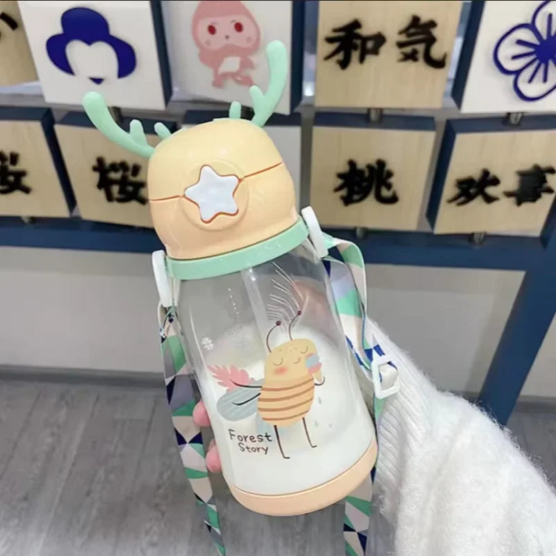 Kids Antler Straw Water Bottle Cute Cartoon Drinking Cup 600ml - 12