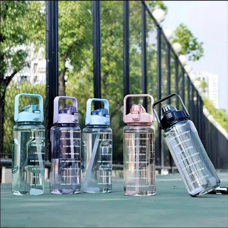 2L Large Water Bottle with Time Marker Straw and Portable Carry Handle