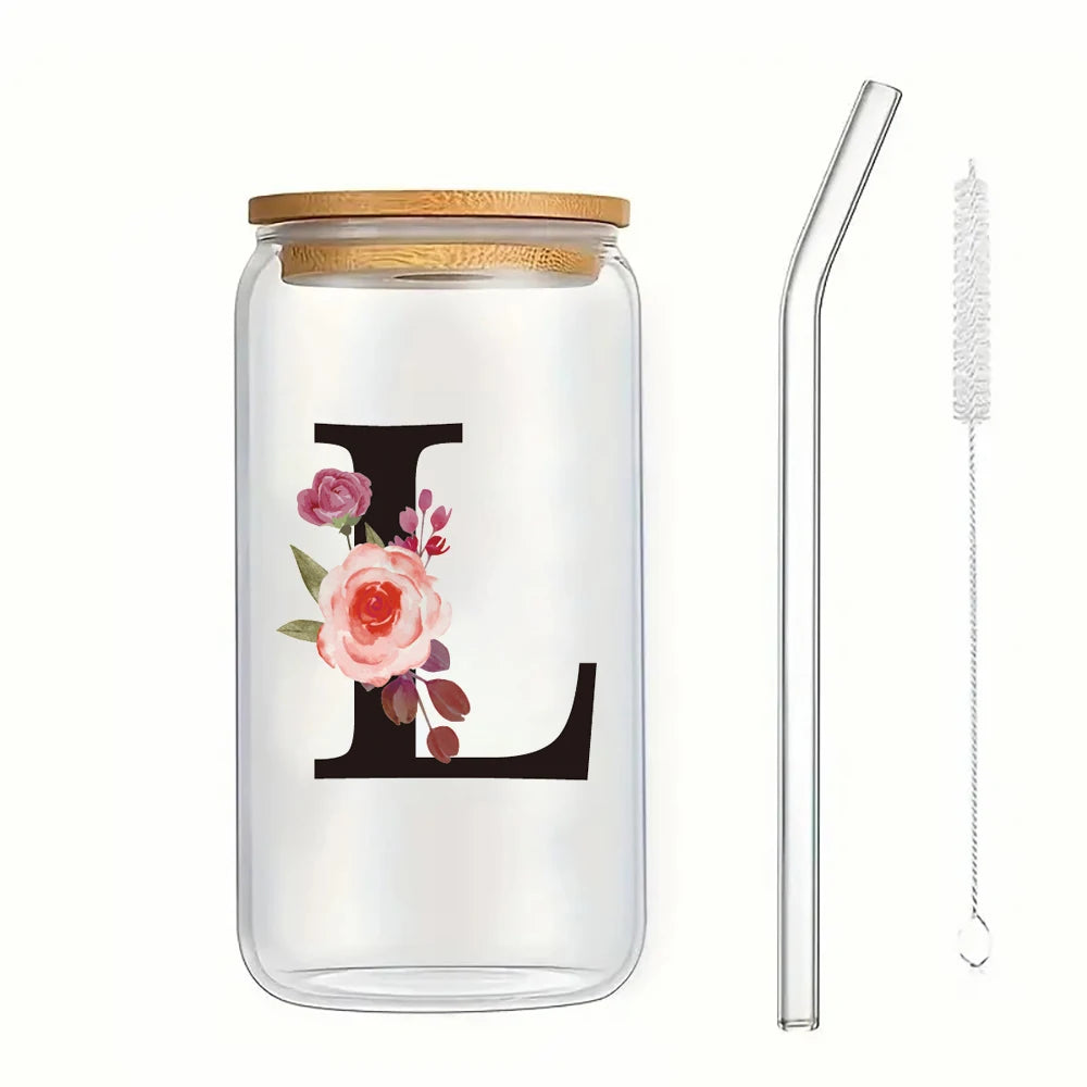500ml Floral Alphabet Glass Cup with Bamboo Lid and Straw Coffee Mug
