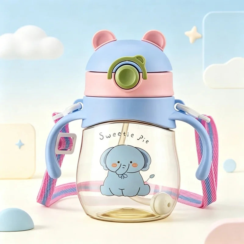 410ml Kids Water Bottle Anti Choking Straw Cup with Handle and Strap - 1