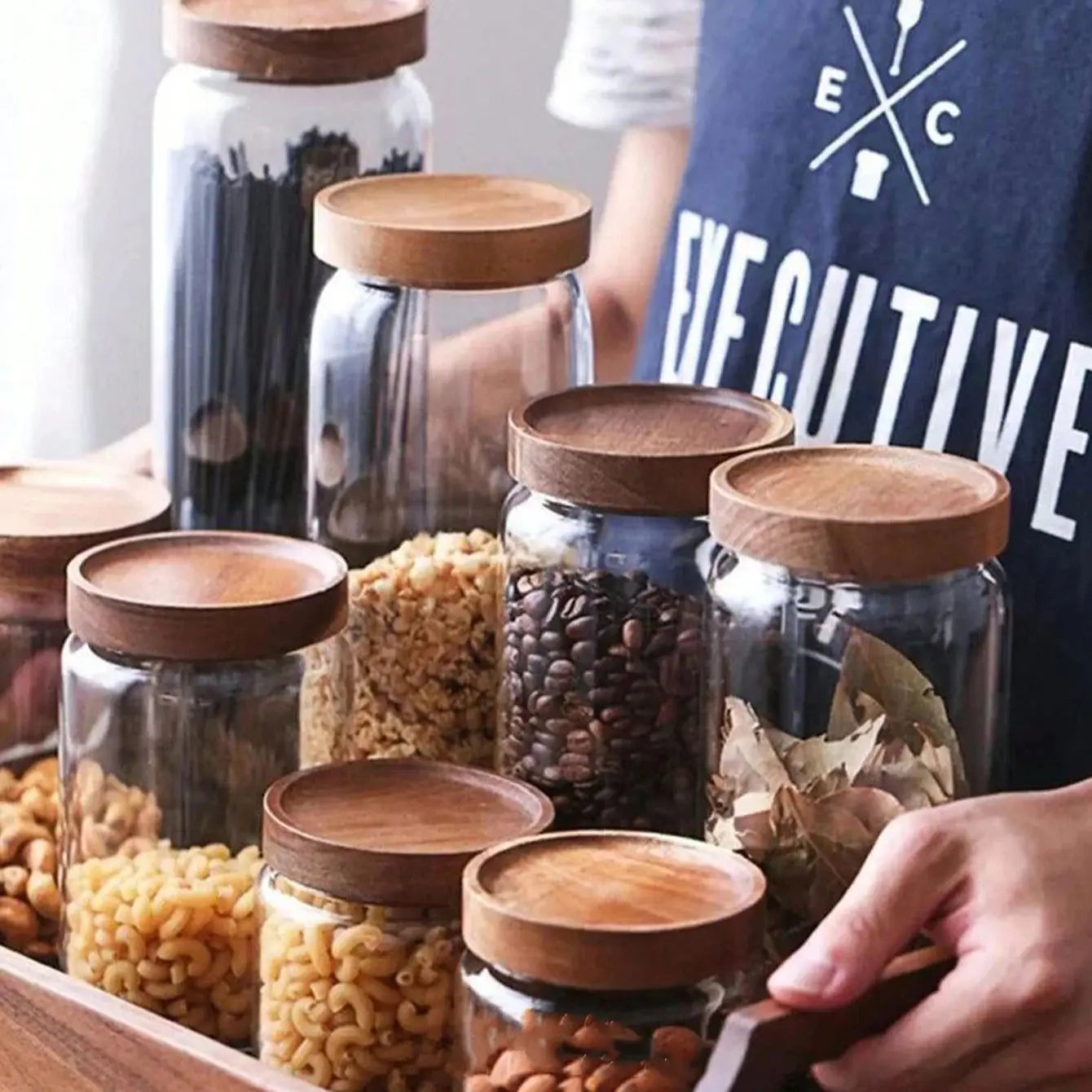 Airtight Glass Storage Jar with Wood Lid Kitchen Food Canister - 5