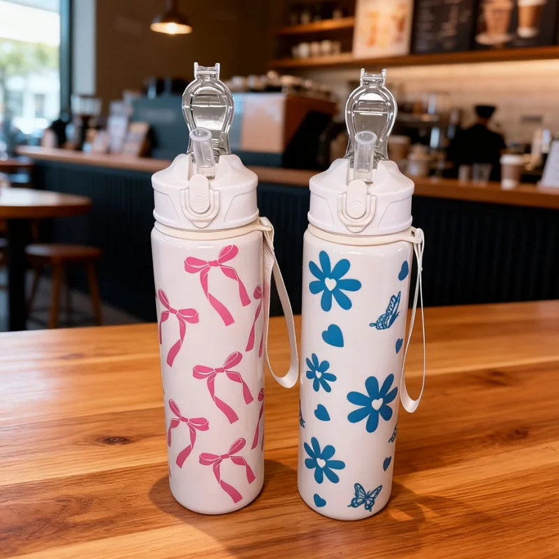 750ml Cute Pattern Water Bottle Leak Proof Sports Jug with Straw Strap - 3