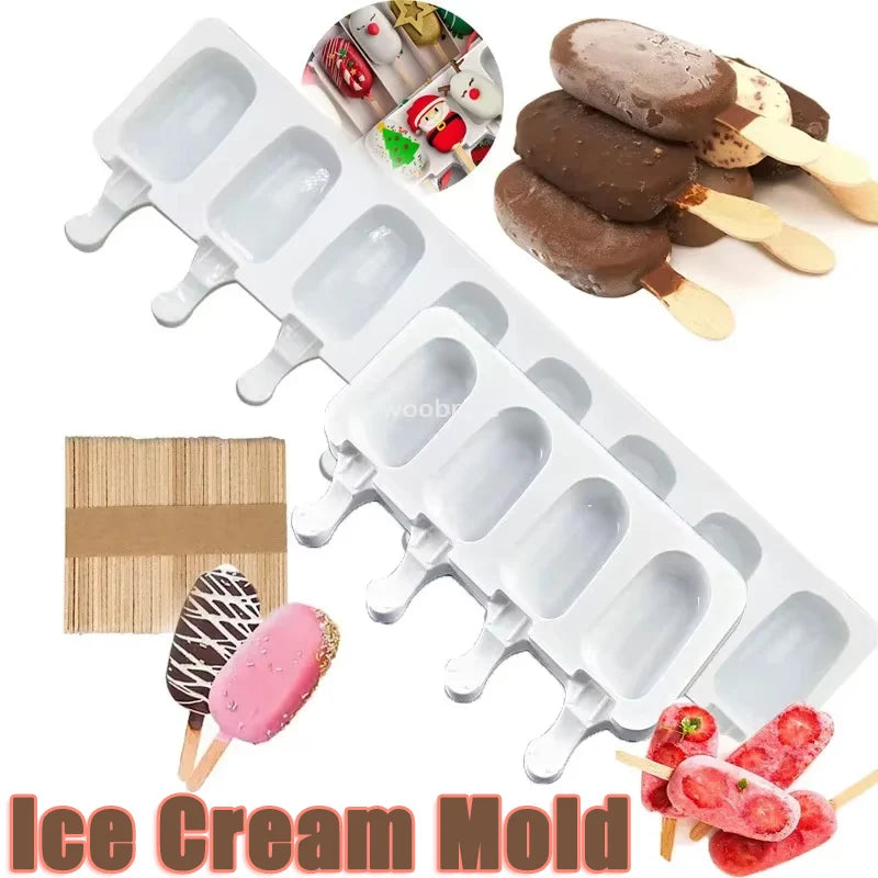 Silicone Ice Cream Mold 4-Hole DIY Popsicle Maker Tray with Sticks - 1