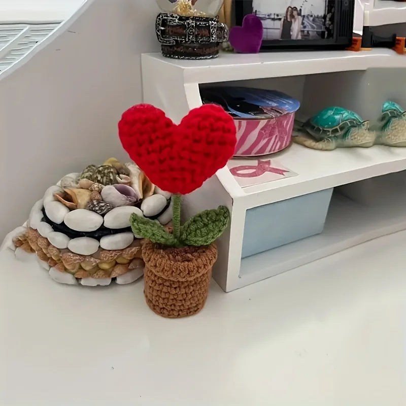 Handmade Knitted Heart Flower Pot Artificial Bonsai Desk Decoration Gift