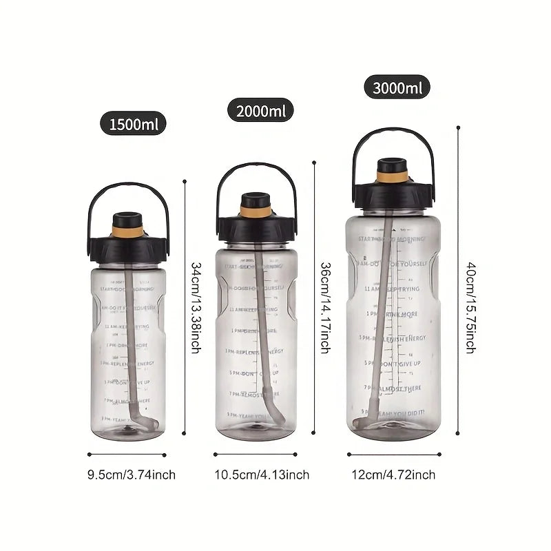 Large Capacity Sports Water Bottle with Straw and Time Marker