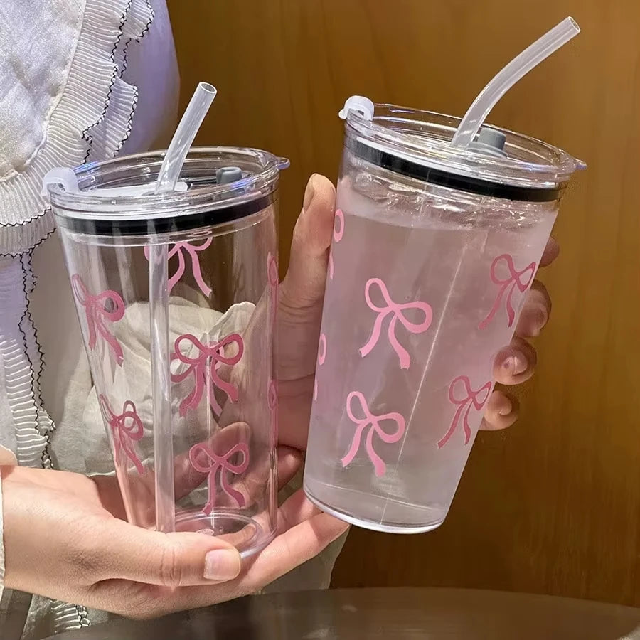 Pink Bow Plastic Tumbler with Straw and Lid Transparent Drink Mug - 11