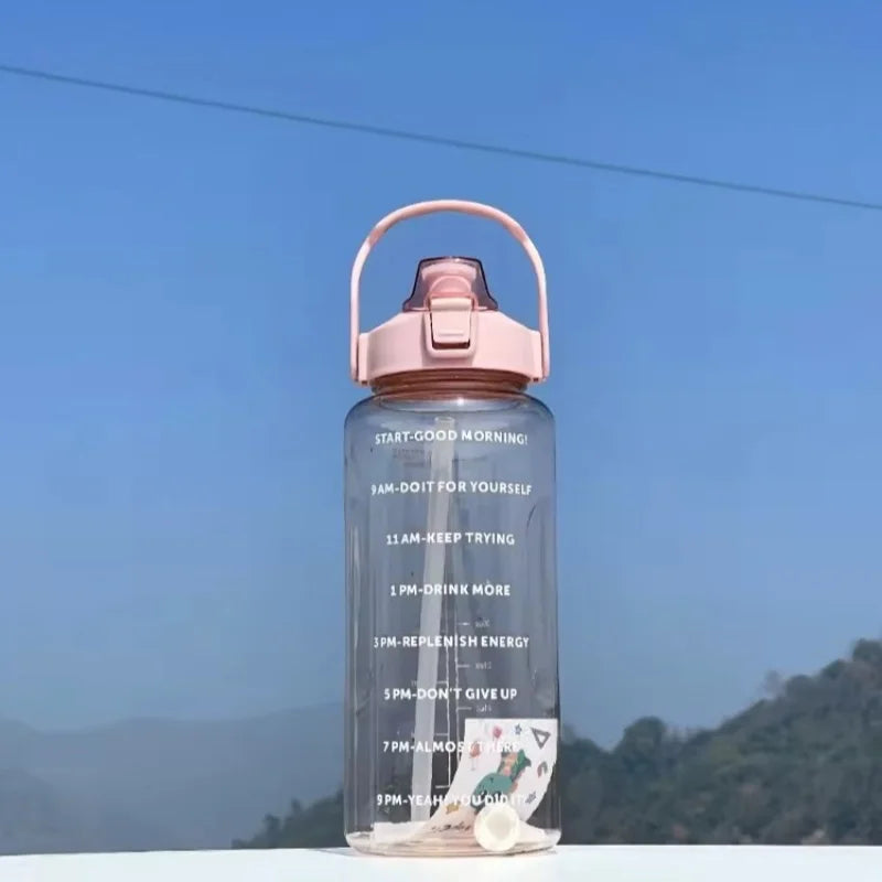 2L Large Sports Water Bottle Motivational Straw Jug Fitness Gym Cup
