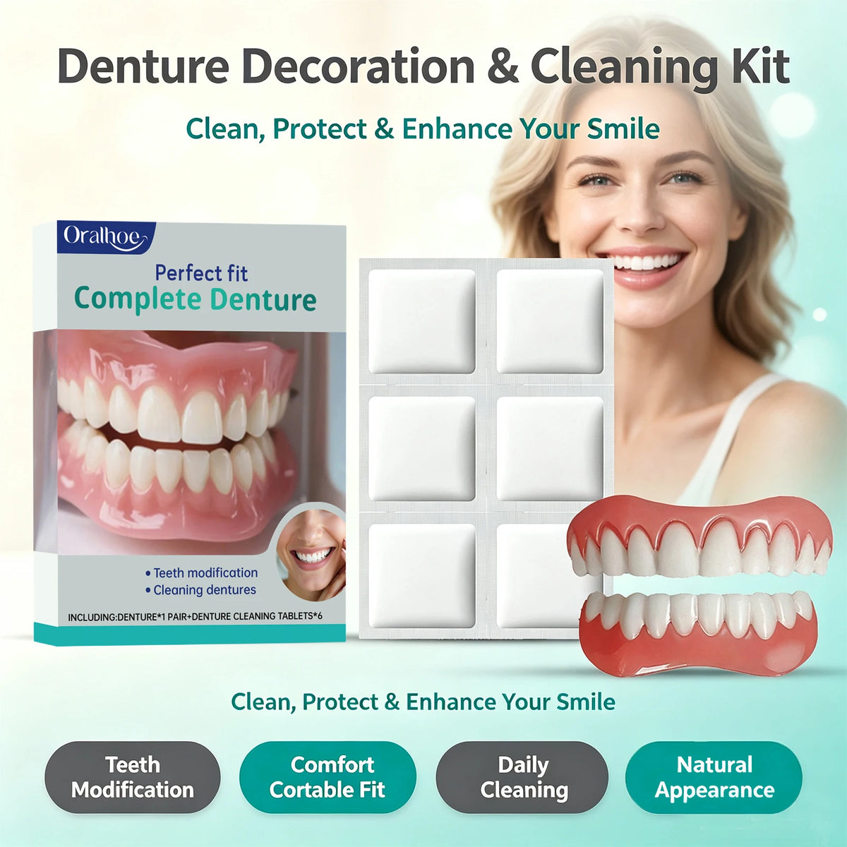 Oralhoe Cosmetic Denture Kit Upper and Lower Teeth with Cleaning Tablets