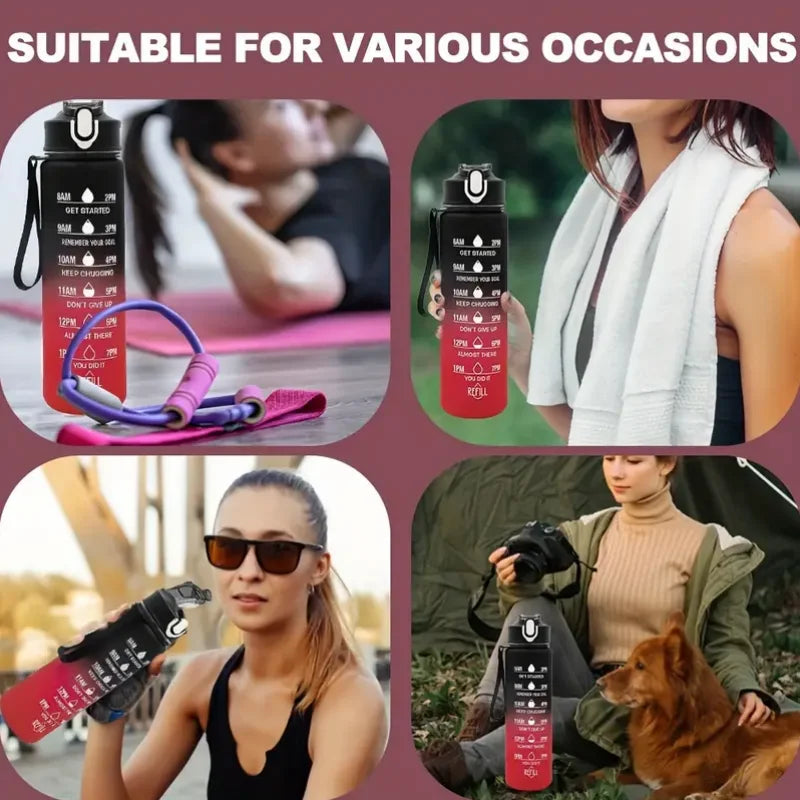750ml Motivational Sports Water Bottle with Time Marker and Straw