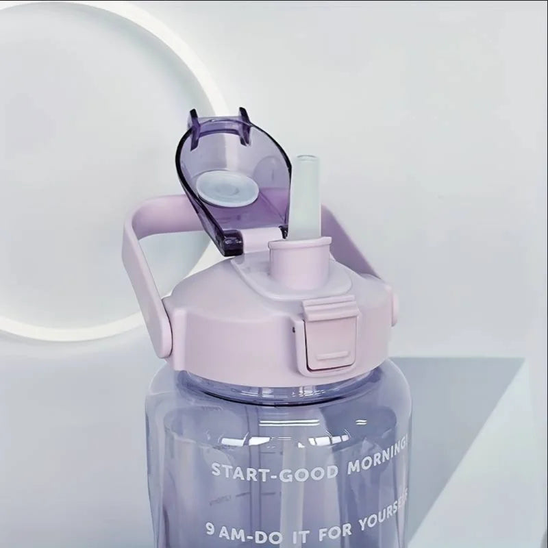 2L Large Motivational Water Bottle with Time Marker and Straw