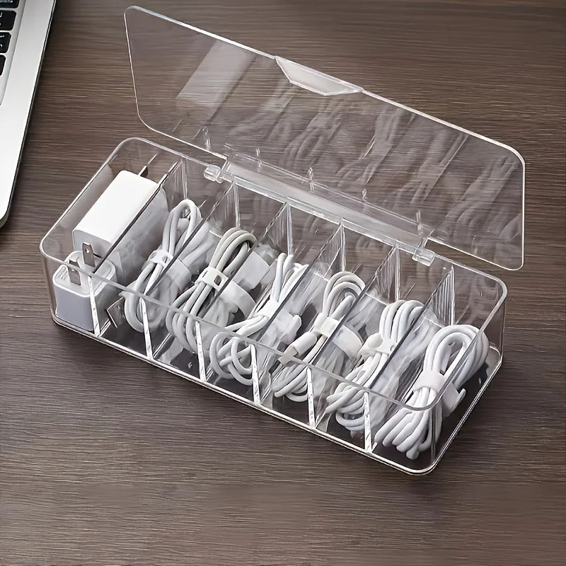 Clear Cable Organizer Box Desktop Cord Storage and Charging Station