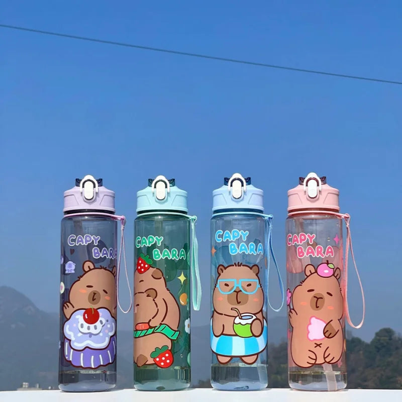 Cute Capybara Water Bottle Large Capacity Sports Cup with Straw and Strap