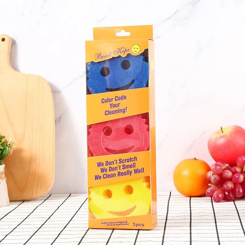 3 Pack Smiley Face Kitchen Cleaning Sponges Dishwashing Scrubbers - 13