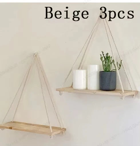 Wooden Hanging Wall Shelf Floating Rope Decor for Plants and Storage - 8