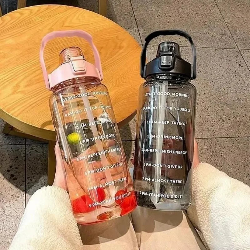 2L Motivational Sports Water Bottle with Straw Time Marker Fitness Jug
