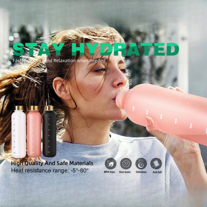 1L Motivational Water Bottle with Time Marker Leakproof Fitness Jug