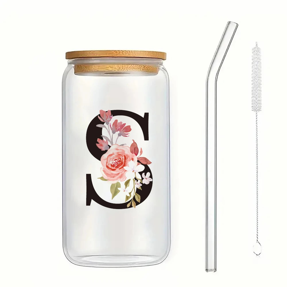 500ml Floral Alphabet Glass Cup with Bamboo Lid and Straw Coffee Mug - 32
