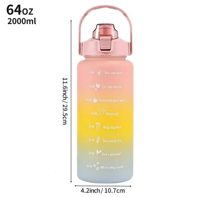 2L Motivational Water Bottle with Straw Leakproof Gym Sports Jug