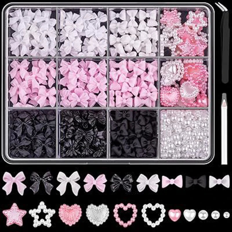 3D Acrylic Nail Art Bowknot Flower Resin Charms Rhinestones Pearl